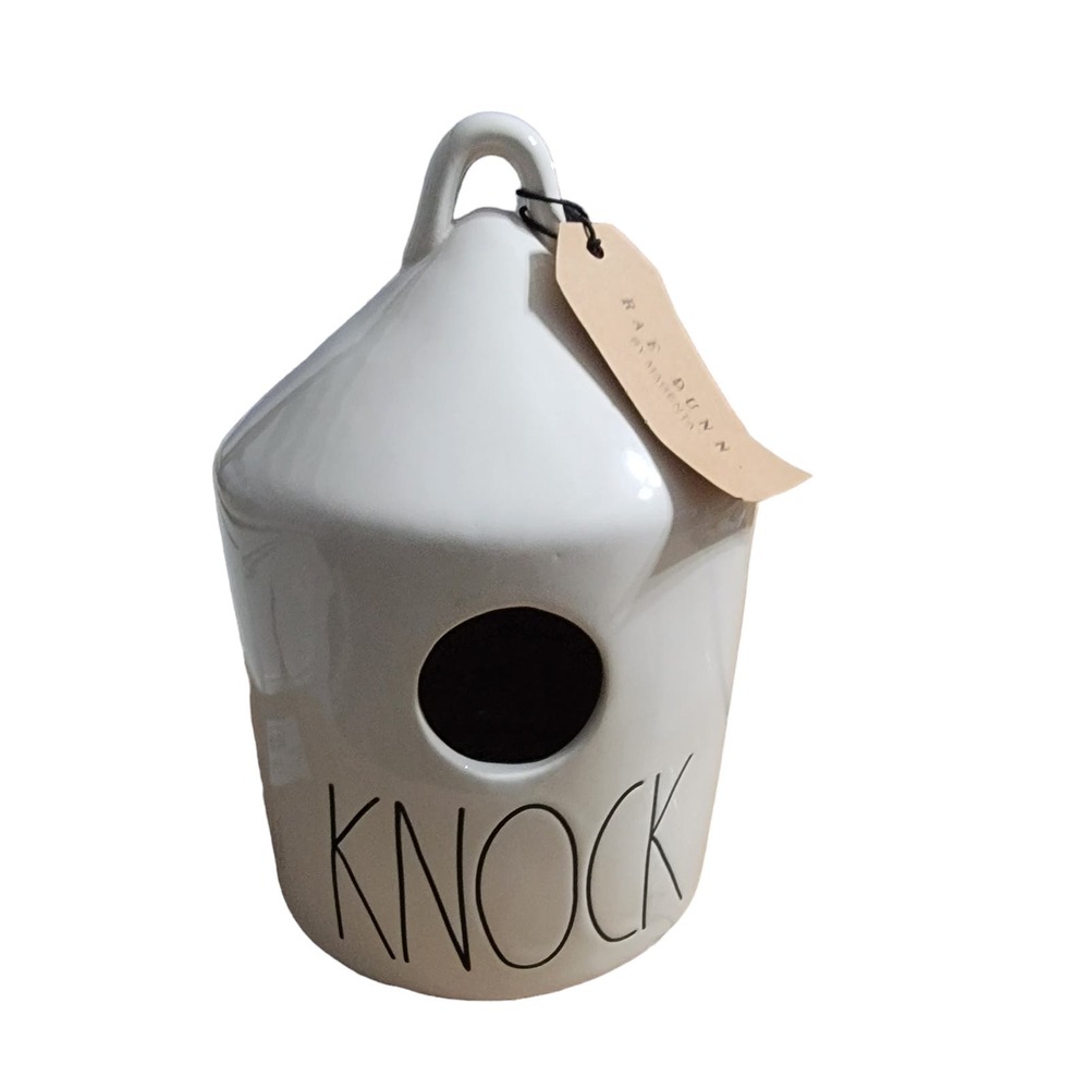 Rae‎ Dunn new etched KNOCK birdhouse white black ceramic Farmhouse